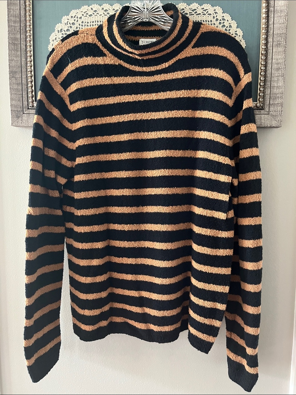 J. Crew Black and Tan Striped Turtleneck Sweater